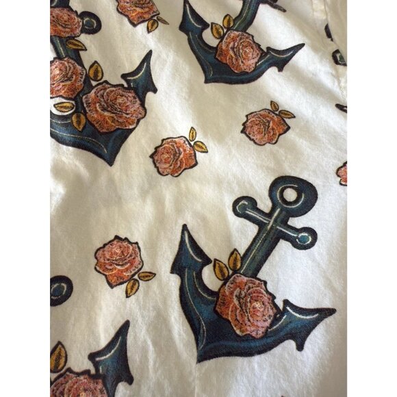 Alpha Beta Cotton Anchor Floral Collared Short Sleeve Button Down Shirt Men's L - Picture 3 of 6